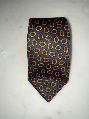 Burberry’S Men's Navy Sun Flower Pattern Silk Tie - Navy, Yellow & Maroon